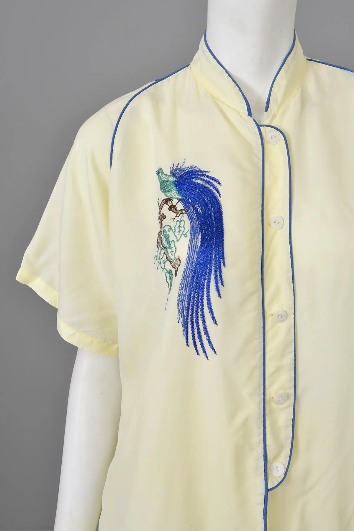 1940s 50s Peacock BIRD Embroidered Lemon Sorbet Pajamas | Unisex Vintage Lounging Pajamas