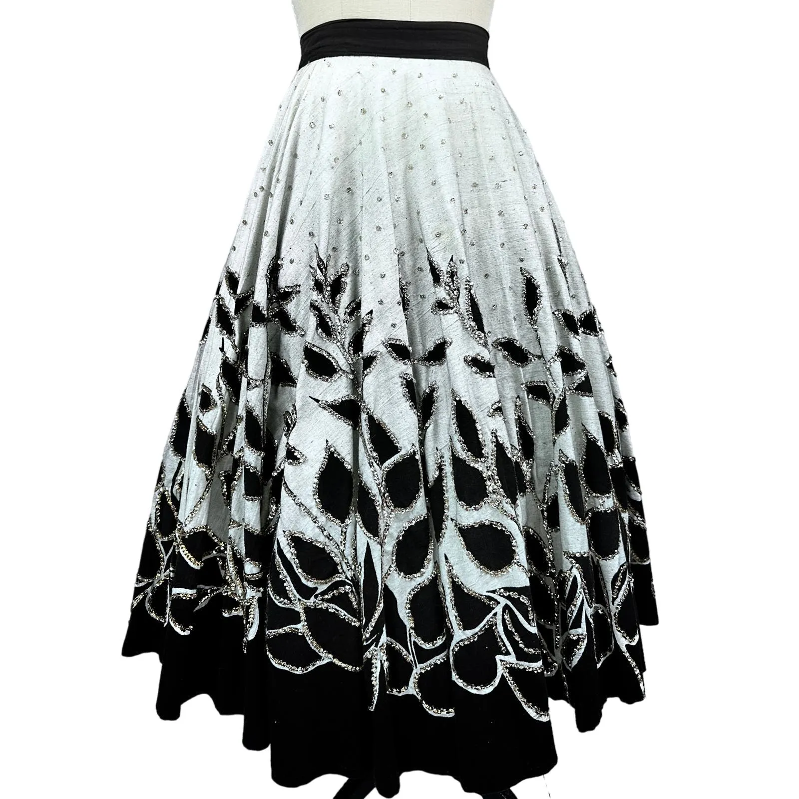 50s VTG Circle Skirt Gray/Black Leaves w/Silver Sequins Dance Rockabilly L/XL