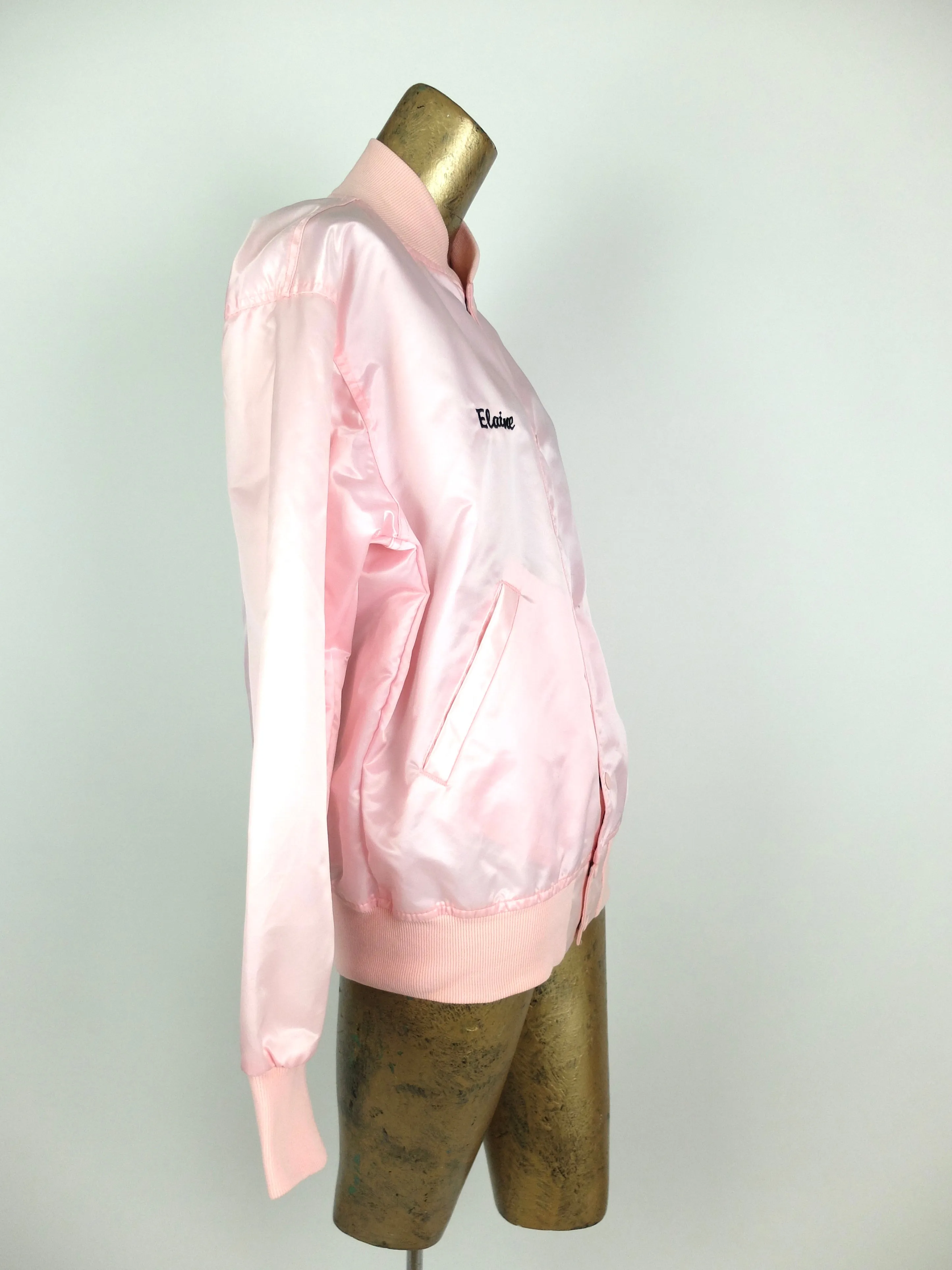 80s Athletic Silky Satin Baby Pink Mockneck Embroidered Baseball Bomber Jacket