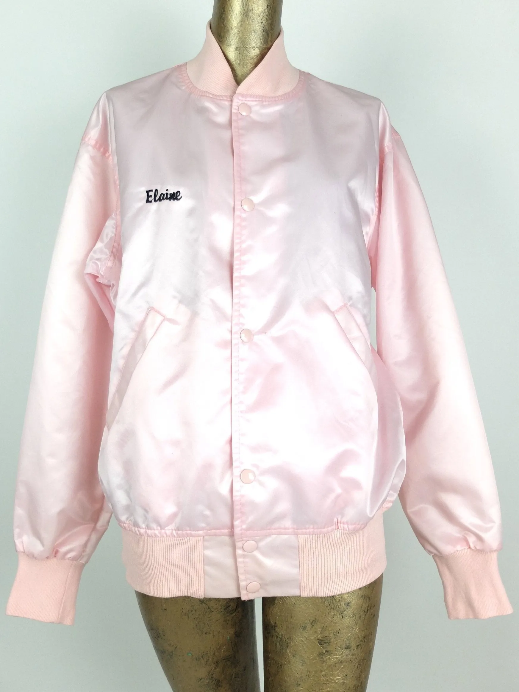 80s Athletic Silky Satin Baby Pink Mockneck Embroidered Baseball Bomber Jacket