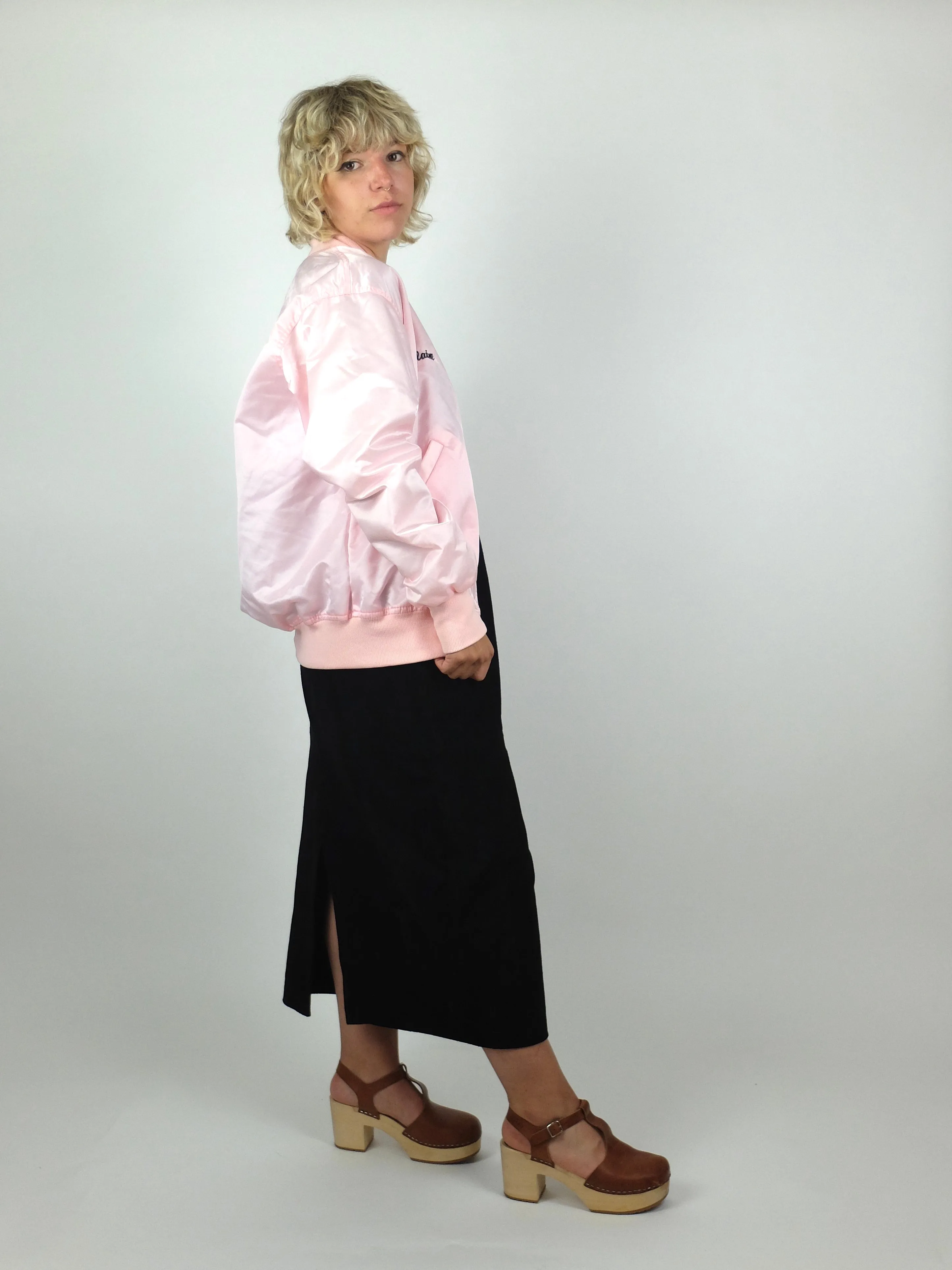 80s Athletic Silky Satin Baby Pink Mockneck Embroidered Baseball Bomber Jacket