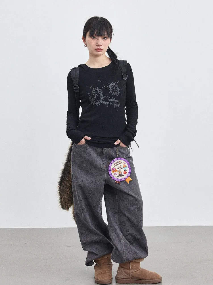 Achihara Graffiti-patterned Wide-legged Floor-dragging Jeans