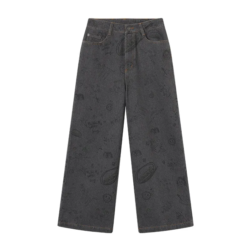 Achihara Graffiti-patterned Wide-legged Floor-dragging Jeans