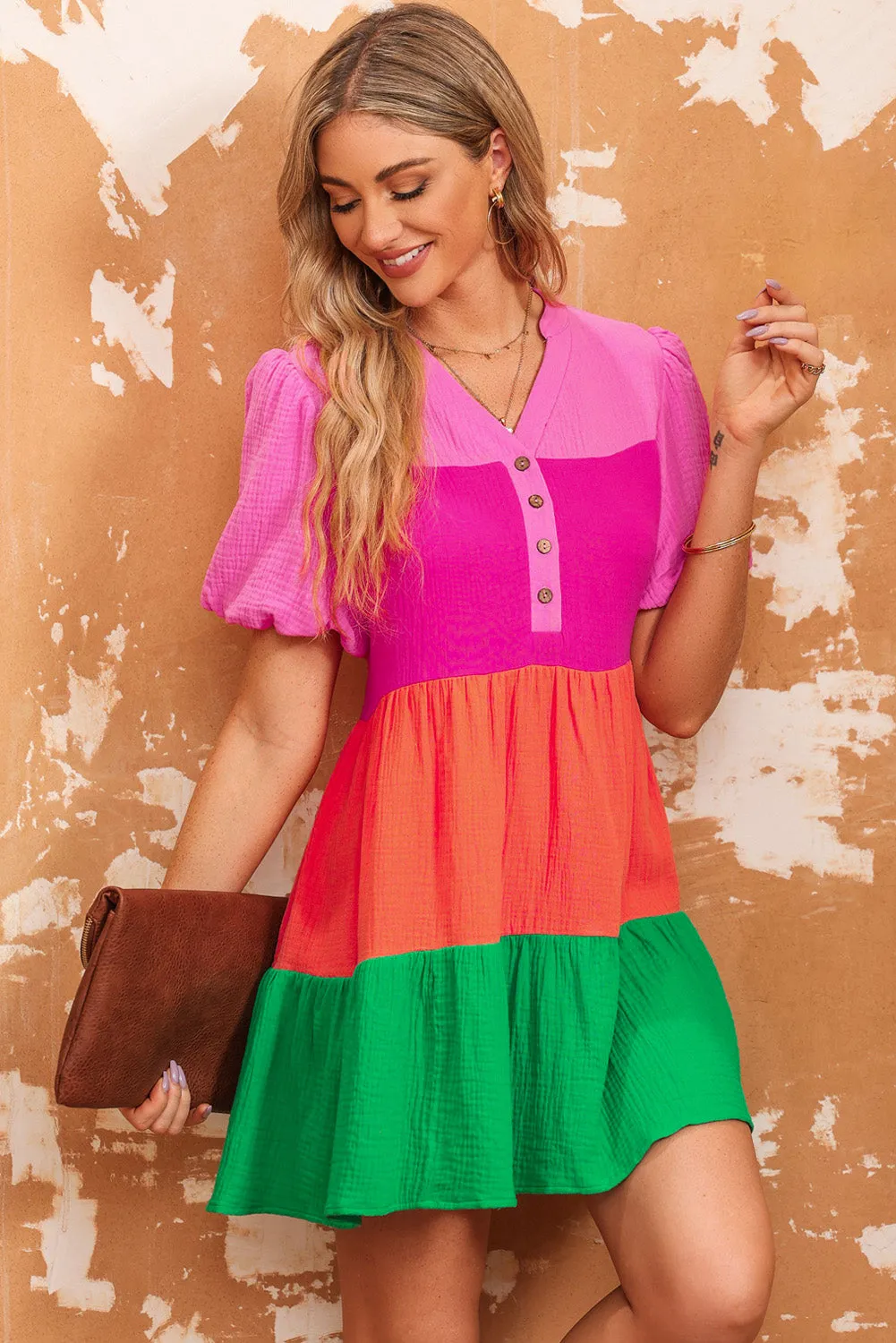 *APP EXCLUSIVE* Colorblock Tiered Buttoned Puff Sleeve Dress