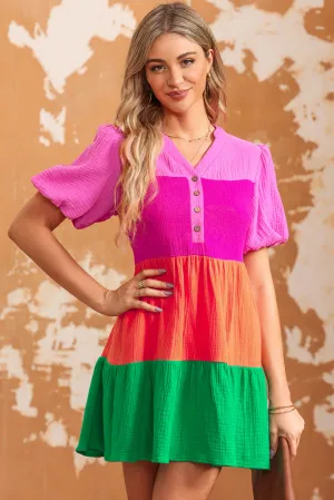 *APP EXCLUSIVE* Colorblock Tiered Buttoned Puff Sleeve Dress