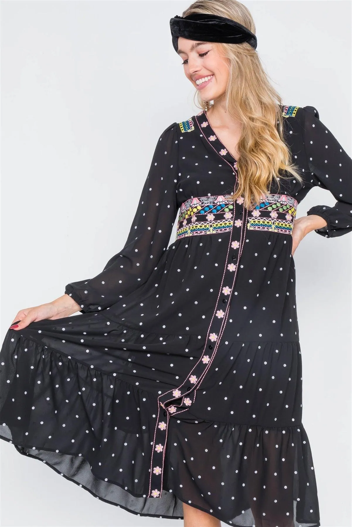 Black & Floral Embroidered Polkadot Tiered Babydoll Midi Dress /2-2-2