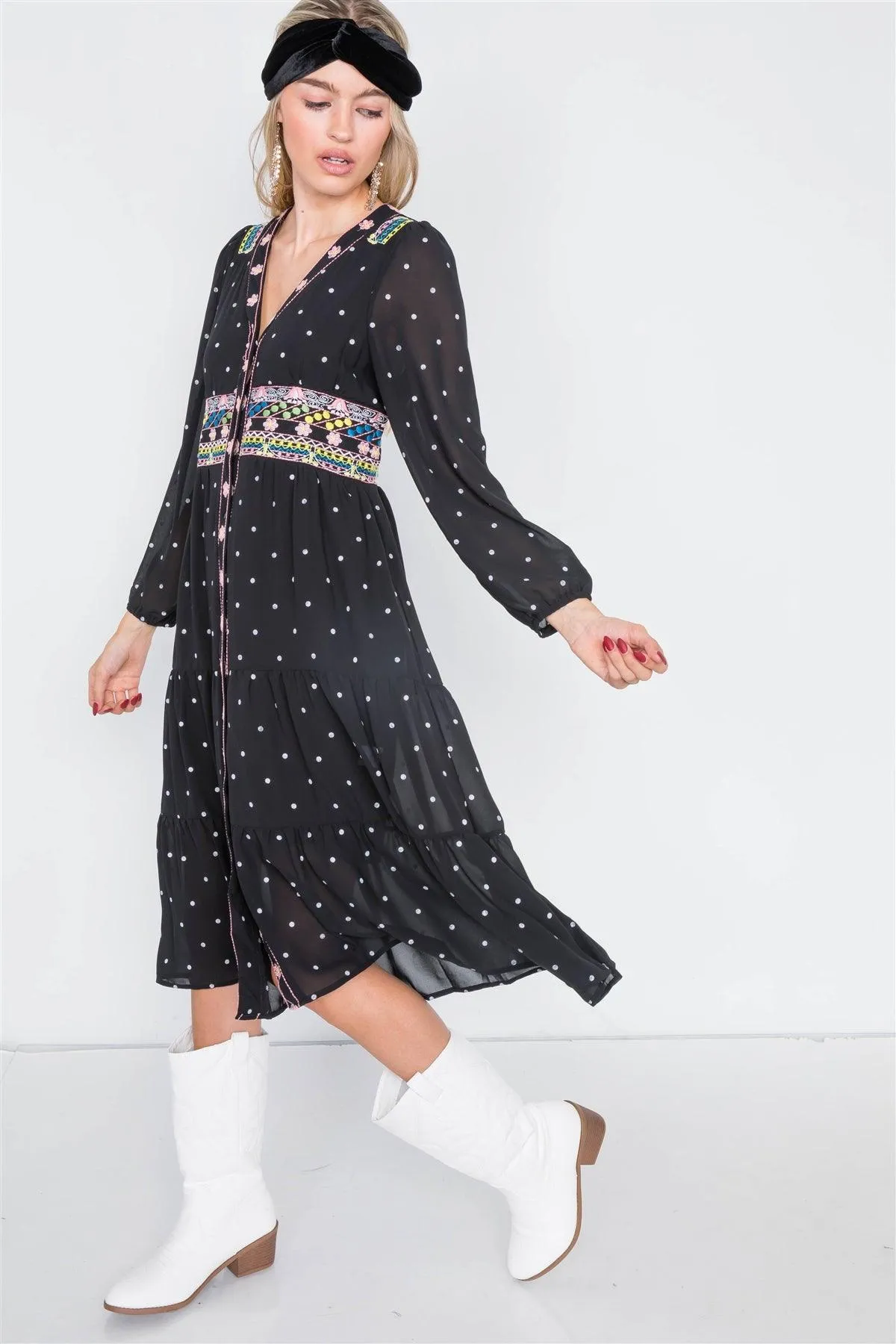 Black & Floral Embroidered Polkadot Tiered Babydoll Midi Dress /2-2-2