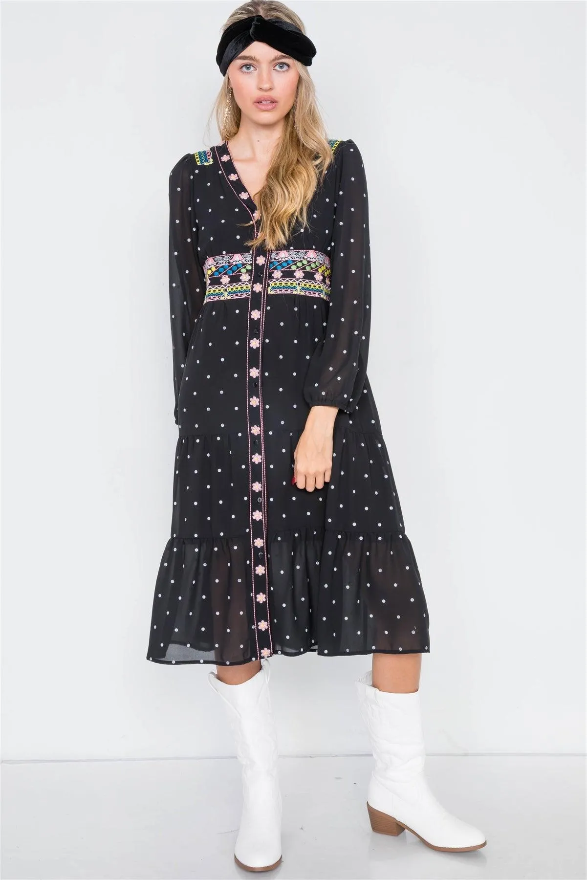 Black & Floral Embroidered Polkadot Tiered Babydoll Midi Dress /2-2-2