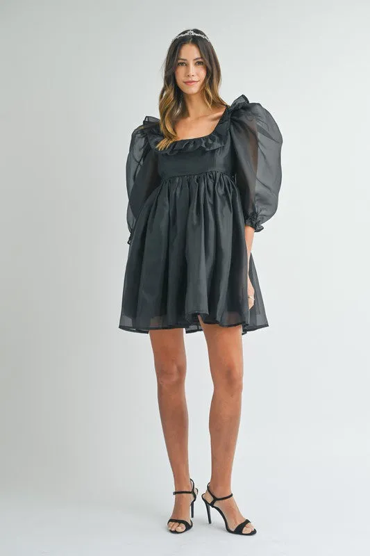 Black Square Neck Ruffle Babydoll Dress