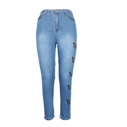 Butterfly Print Denim Skinny Pants High Waist Stretch Jeans