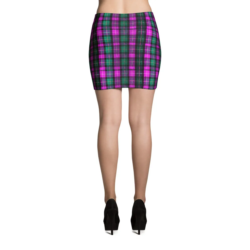 Classic Pink Green Plaid Tartan Print Mid Thigh Women's Mini Skirt - Made in USA/ EU