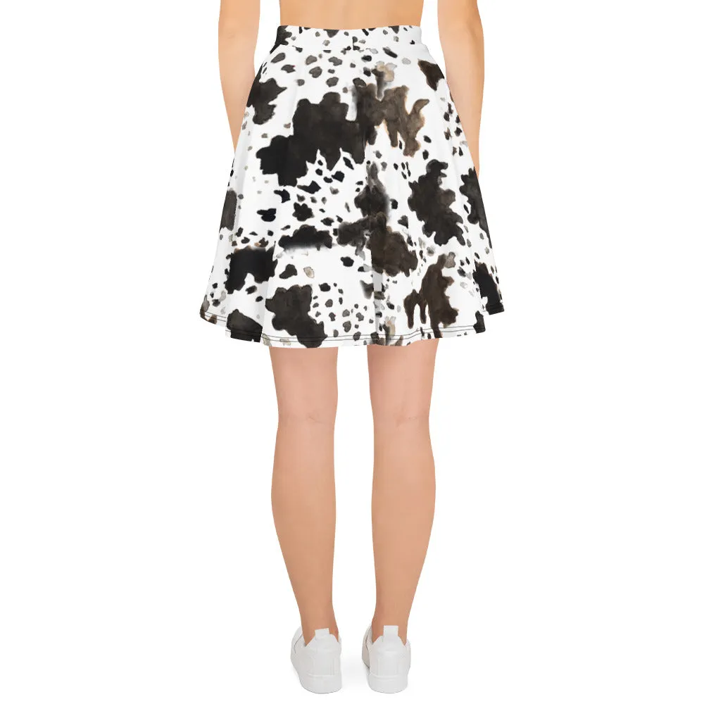 Cow Print Women's Skater Skirt, Cute Mid-Thigh Length Premium Skirt-Made in USA/ EU