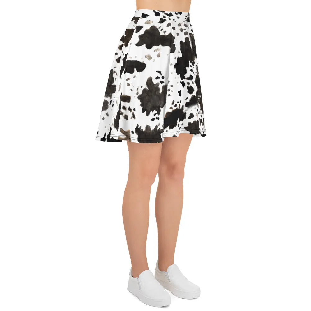 Cow Print Women's Skater Skirt, Cute Mid-Thigh Length Premium Skirt-Made in USA/ EU