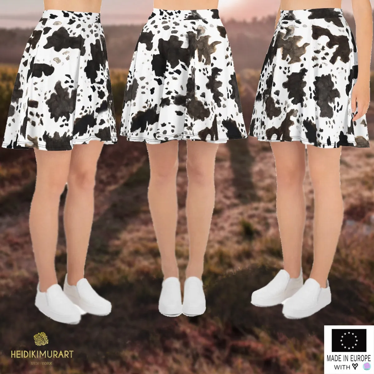 Cow Print Women's Skater Skirt, Cute Mid-Thigh Length Premium Skirt-Made in USA/ EU