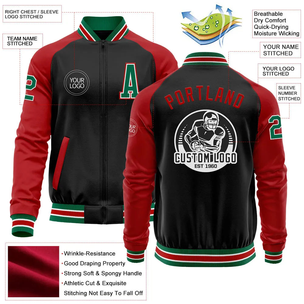 Custom Black Kelly Green-Red Bomber Varsity Letterman Two Tone Zipper Jacket