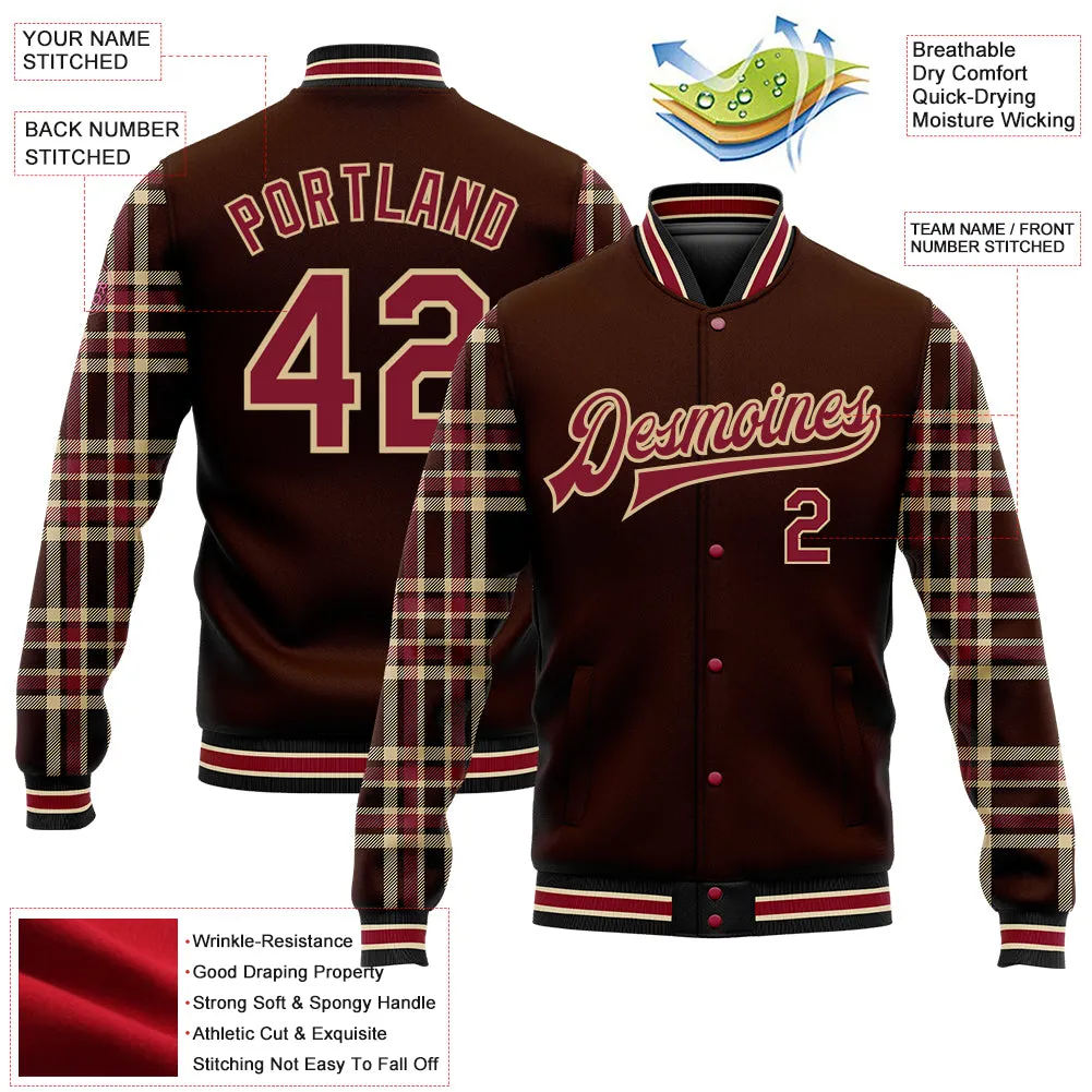 Custom Brown Crimson Vegas Gold Black-City Cream Classic Western Plaid 3D Pattern Design Bomber Full-Snap Varsity Letterman Jacket