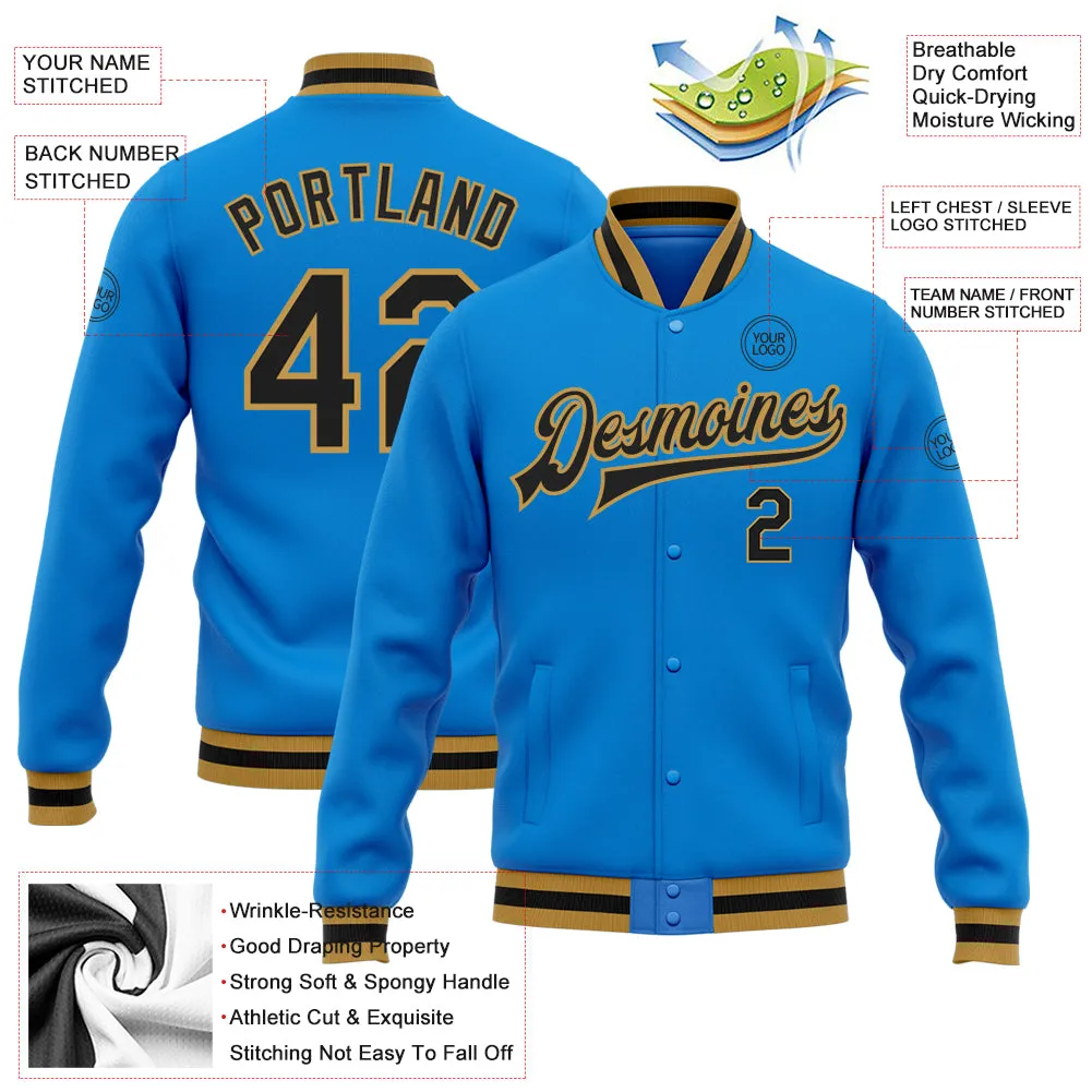 Custom Powder Blue Black-Old Gold Bomber Full-Snap Varsity Letterman Jacket