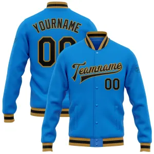 Custom Powder Blue Black-Old Gold Bomber Full-Snap Varsity Letterman Jacket