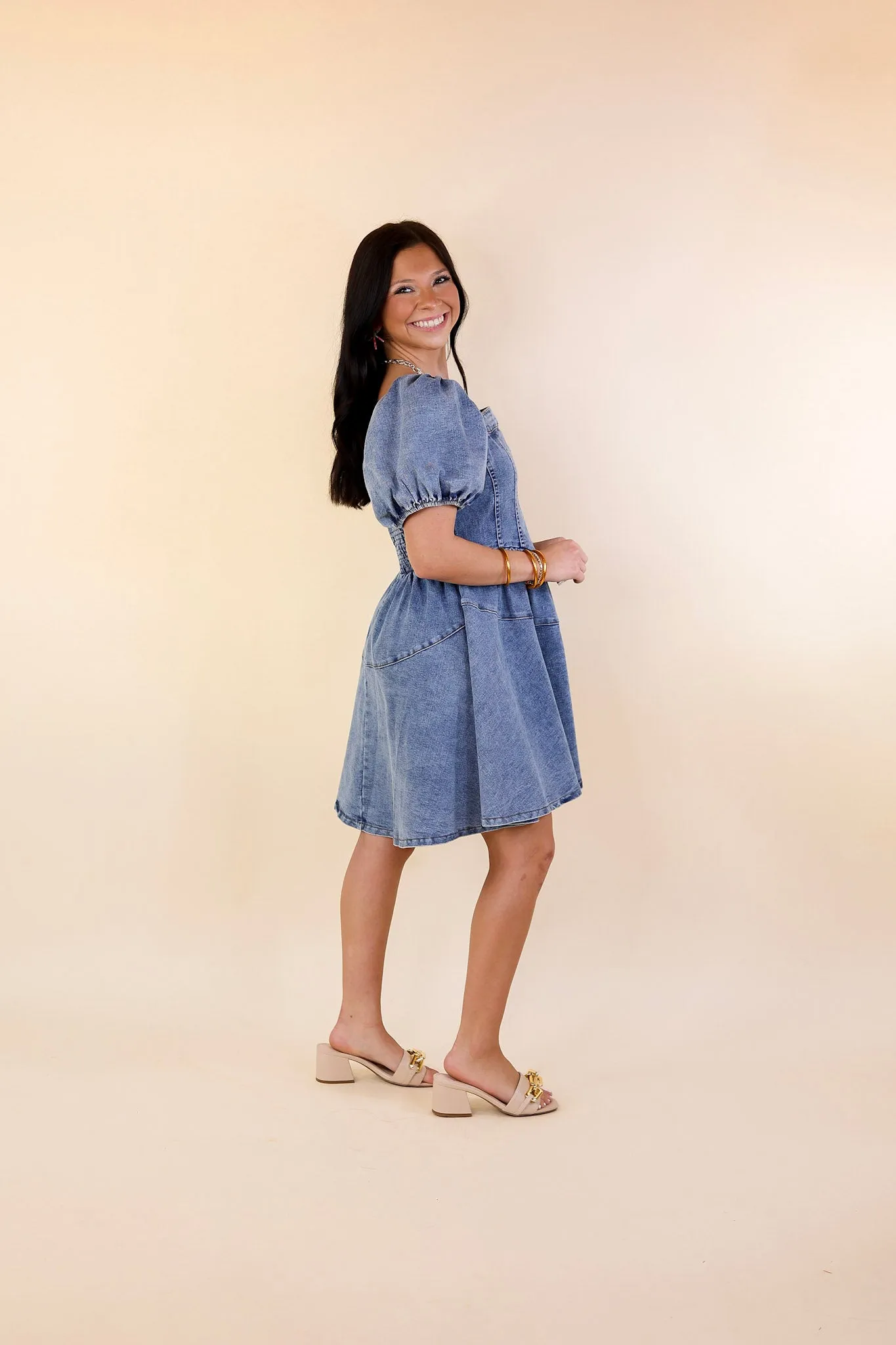 Denim Delight Babydoll Dress with Puff Sleeves in Medium Wash