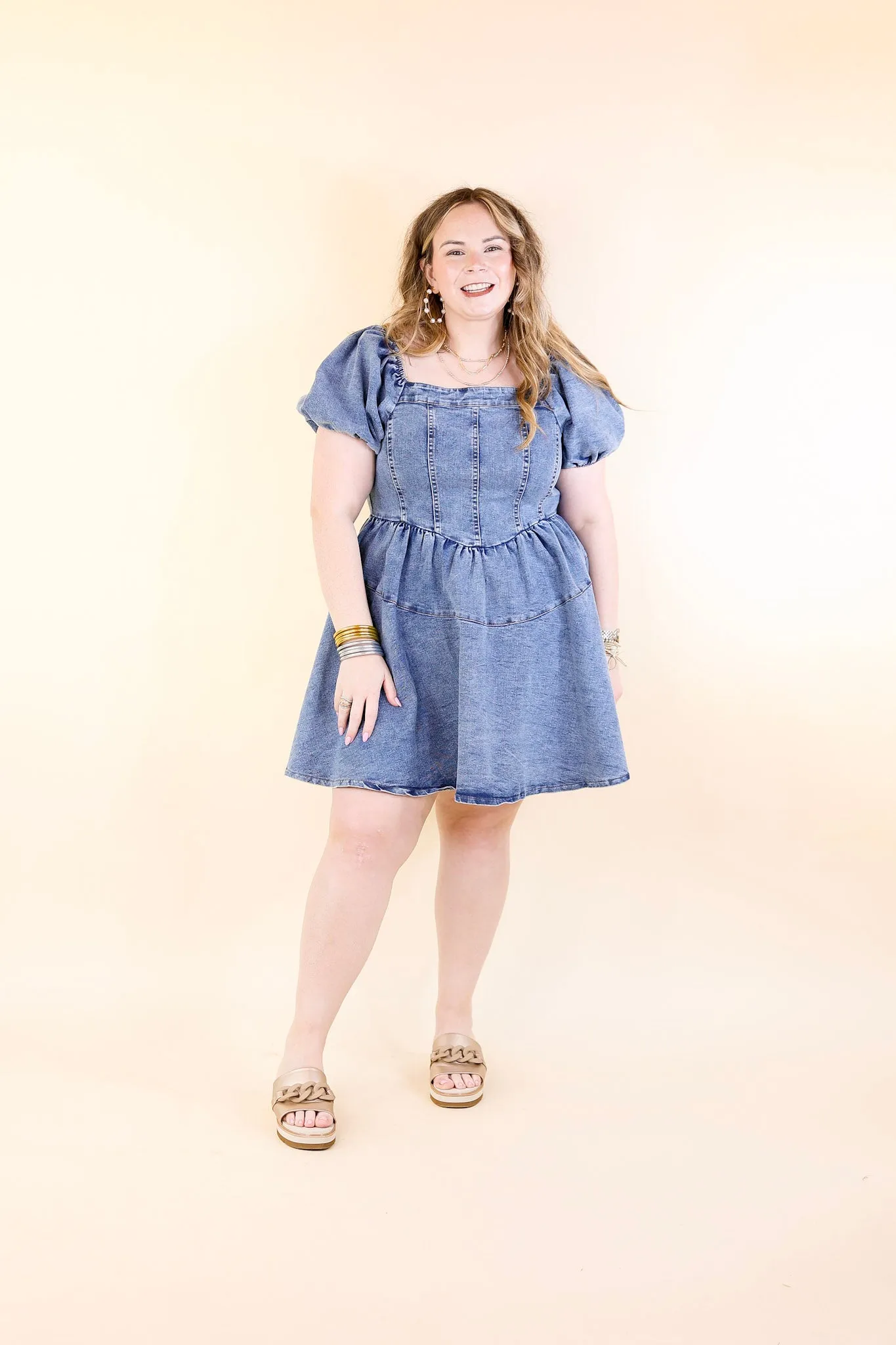 Denim Delight Babydoll Dress with Puff Sleeves in Medium Wash