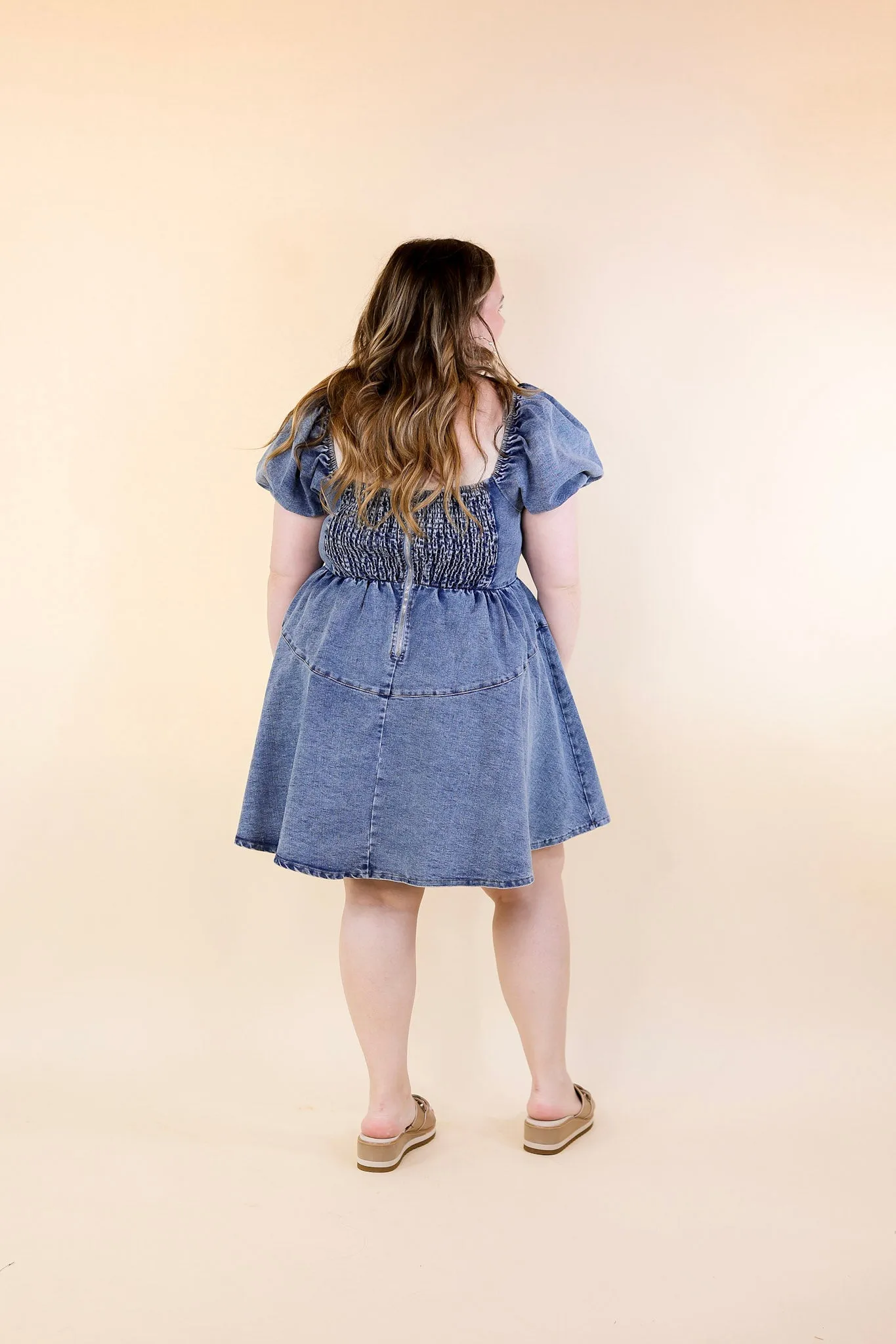 Denim Delight Babydoll Dress with Puff Sleeves in Medium Wash