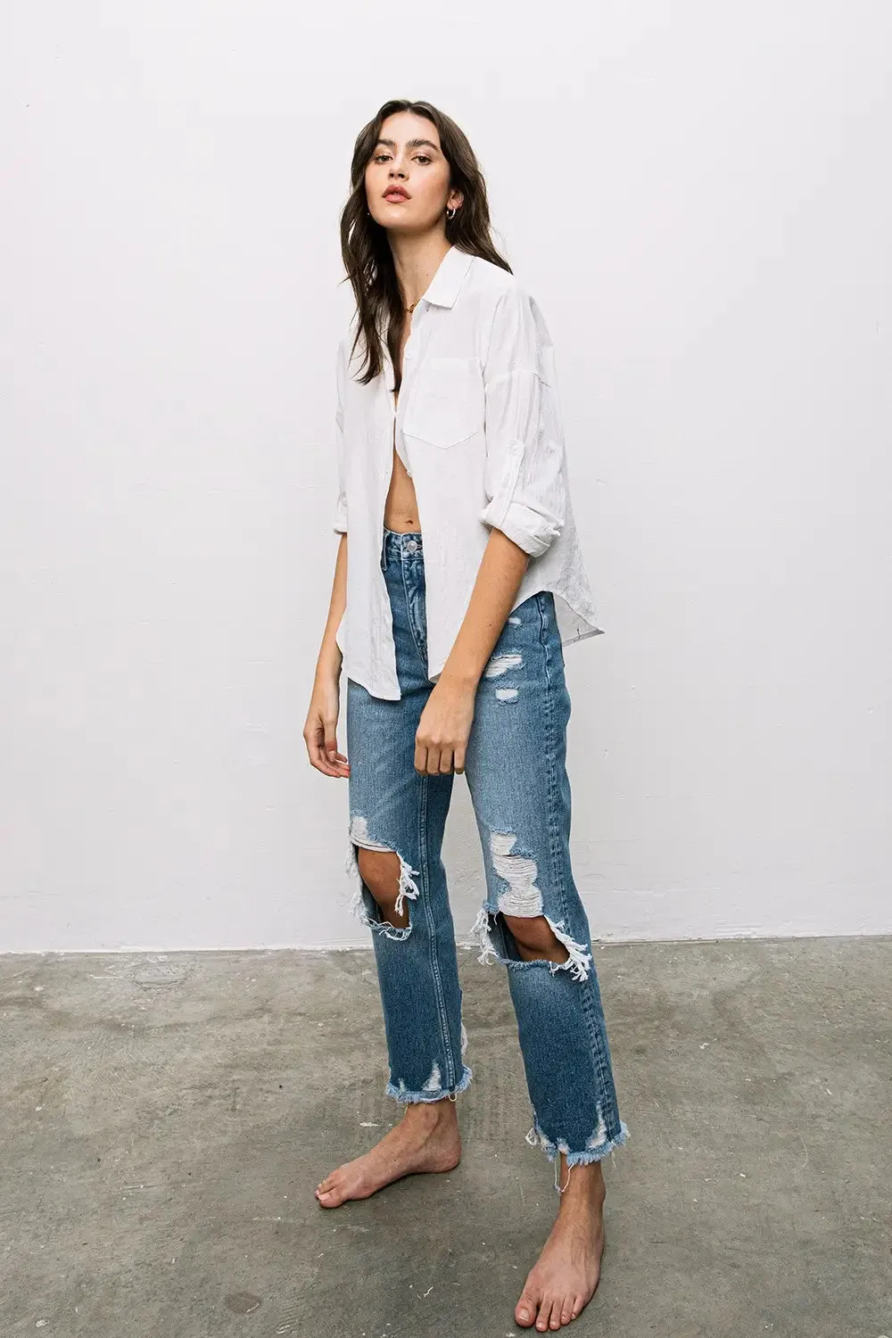 Dona High Rise Tattered Straight Denim