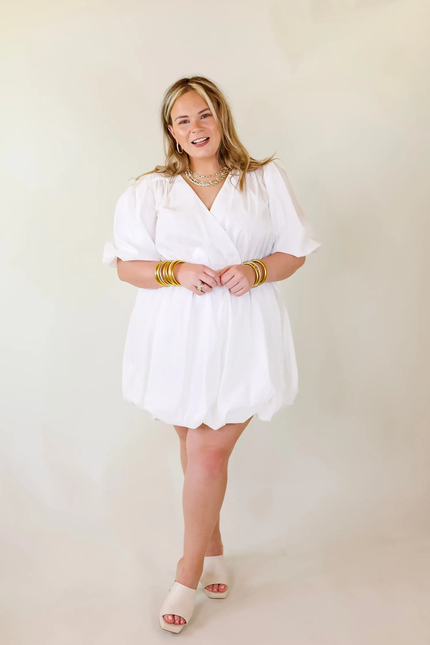 Flawless and Free Puffed Sleeve Babydoll Dress in White