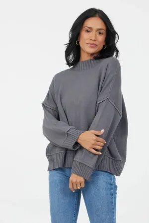 Florenza Turtle Neck Rib Detail Knit Sweater - Smoke Grey