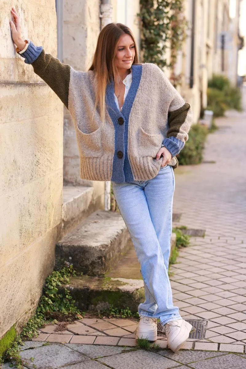 Gilet loose en maille mohair tricolore beige kaki et bleu