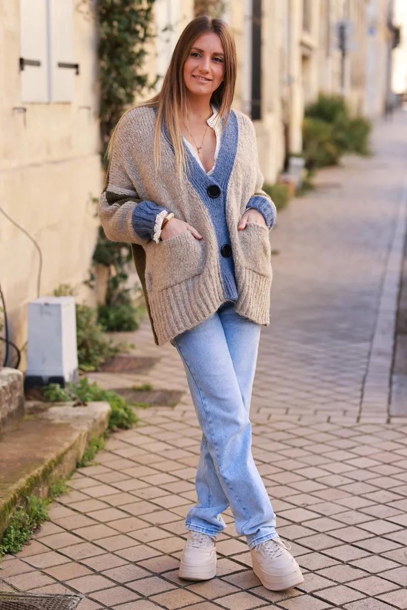 Gilet loose en maille mohair tricolore beige kaki et bleu