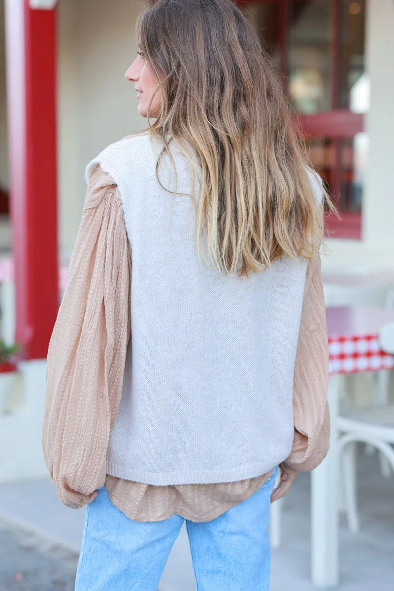 Gilet sans manches beige en maille boutons nacrés