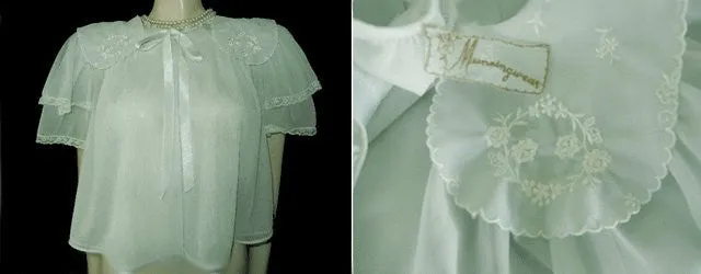 GLAMOROUS VINTAGE MUNSINGWEAR EXQUISITELY EMBROIDERED DOUBLE NYLON LACEY BED JACKET IN OCEAN KISS