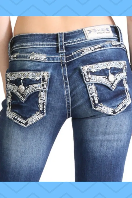 Grace in LA Embellished Rhinestone Low Rise Jeans