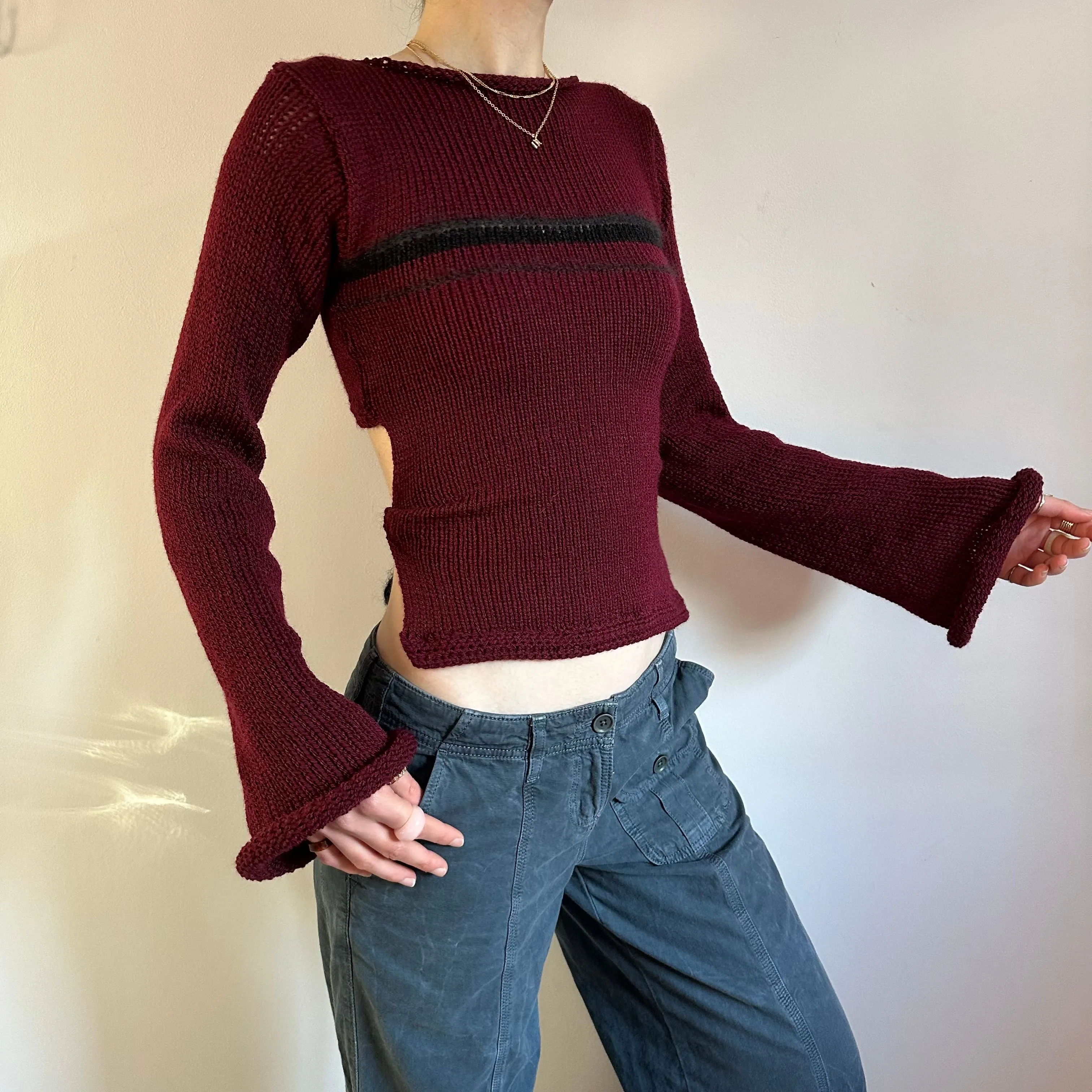 Handmade burgundy and black striped bow tie up knit jumper