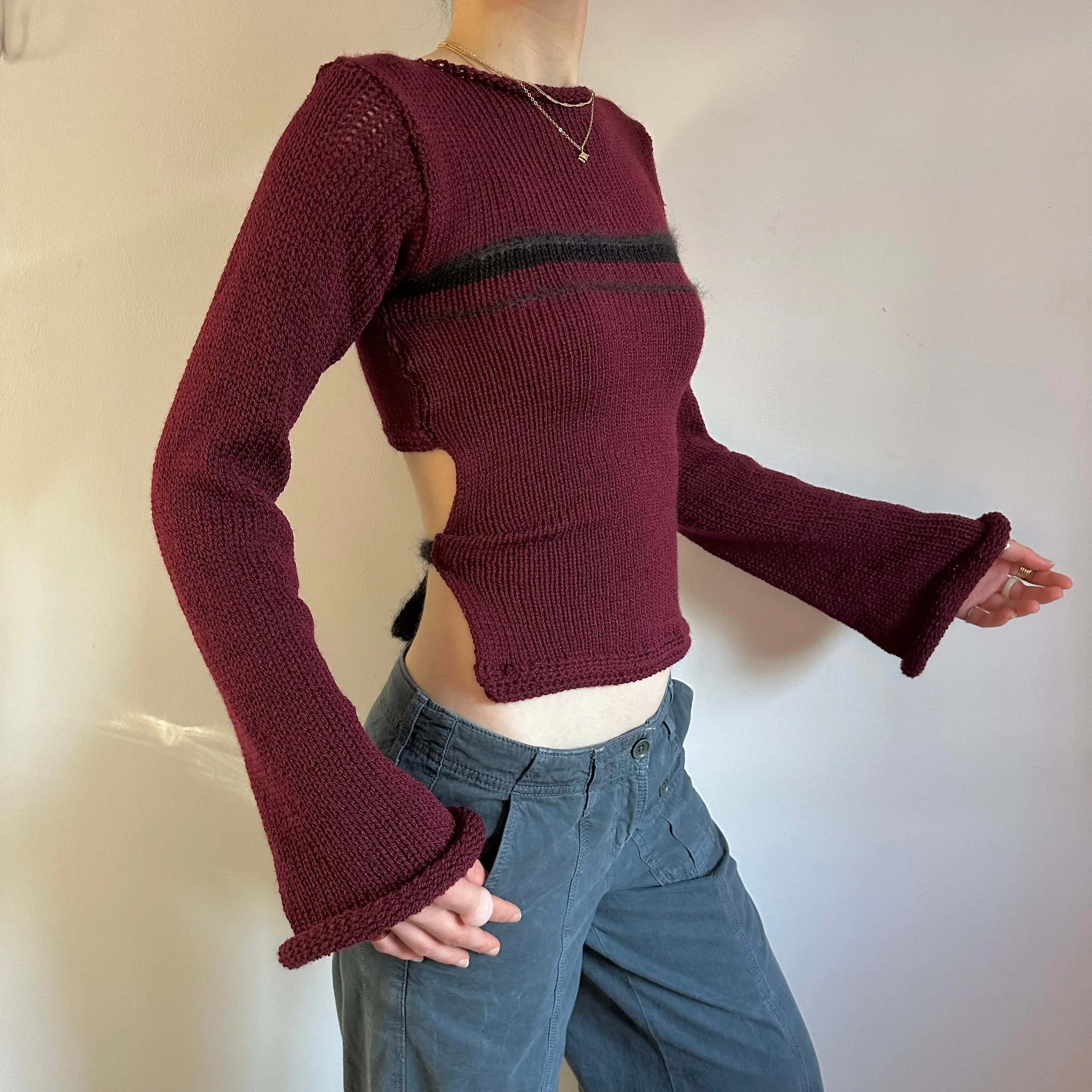 Handmade burgundy and black striped bow tie up knit jumper