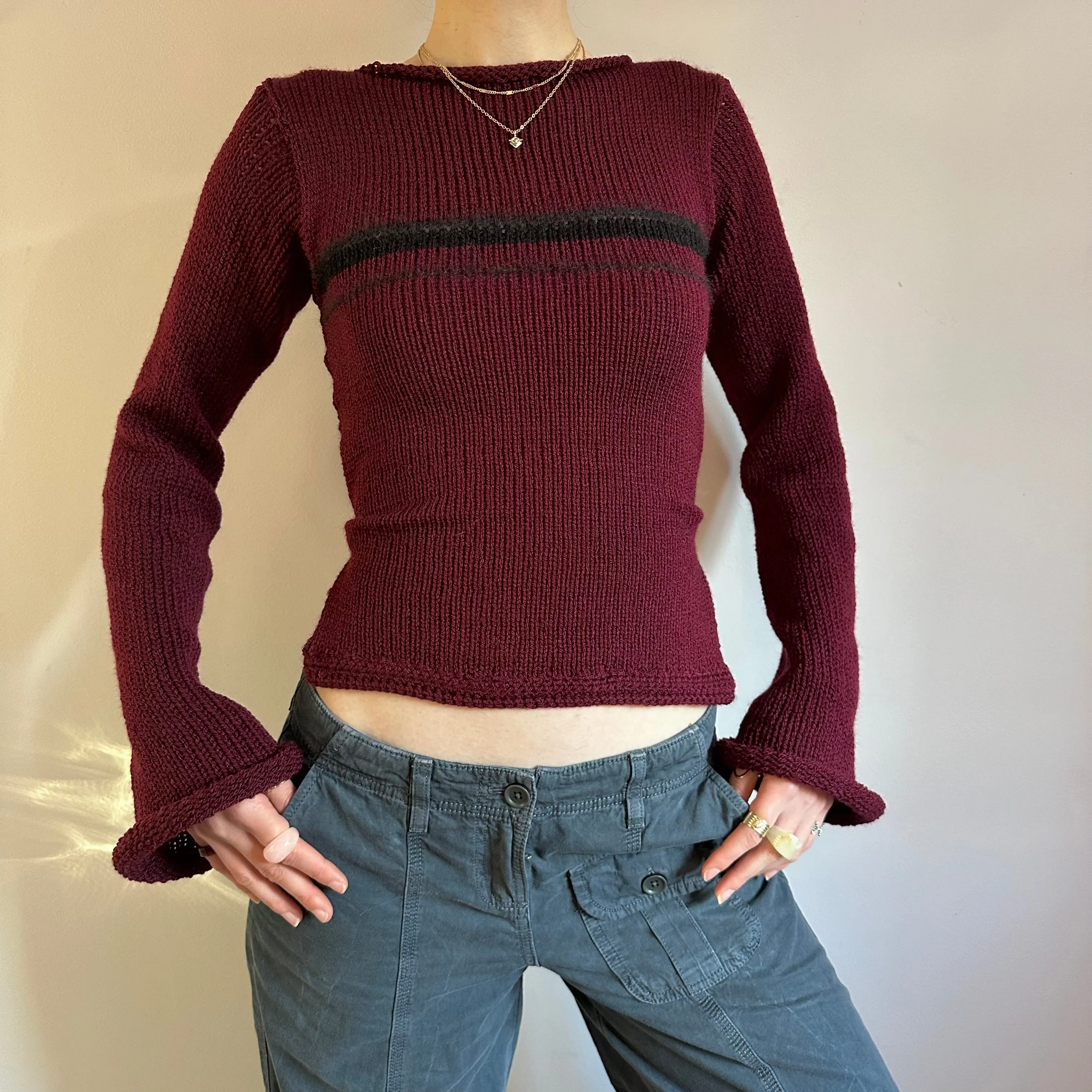 Handmade burgundy and black striped bow tie up knit jumper