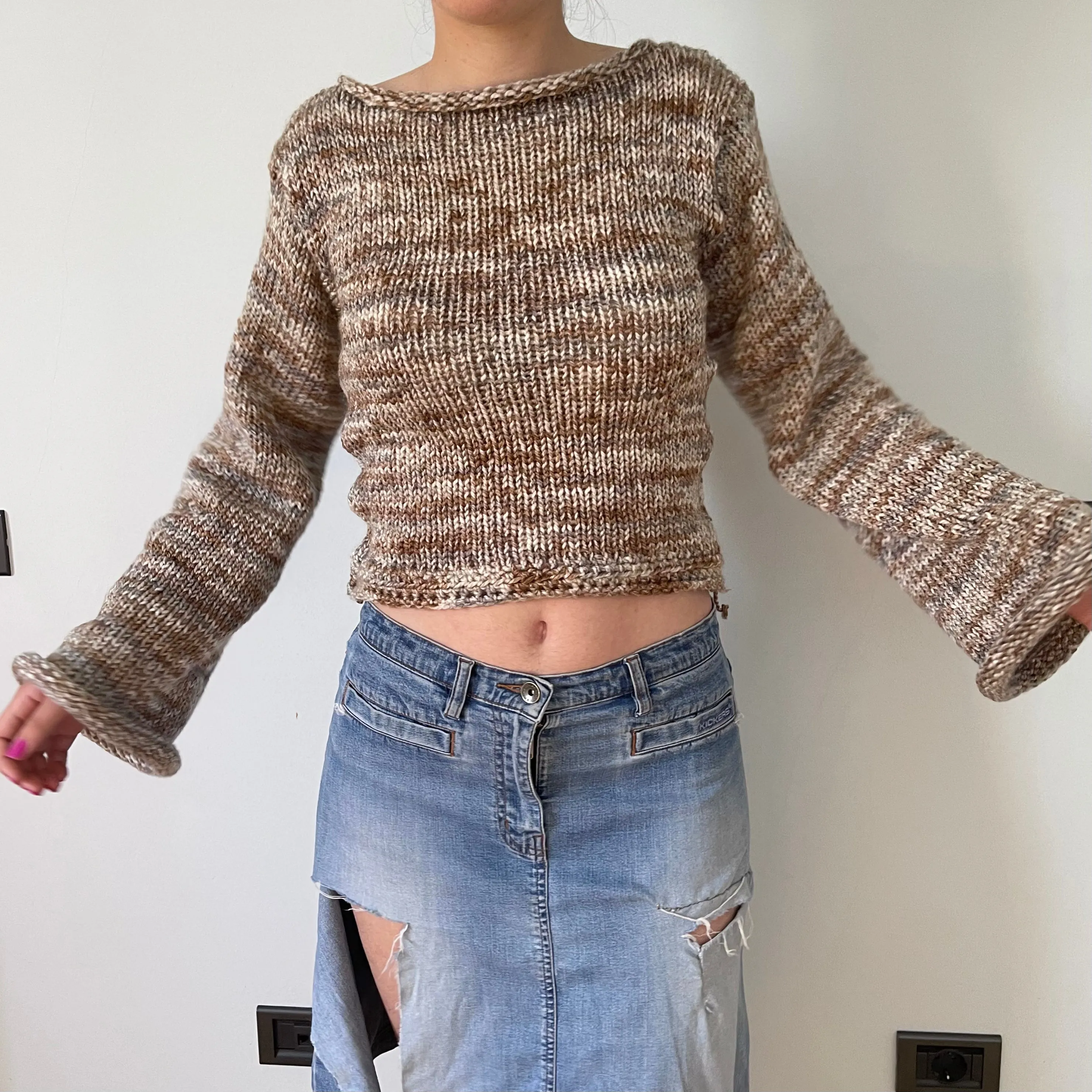 Handmade multicoloured beige, cream and brown knitted sweater