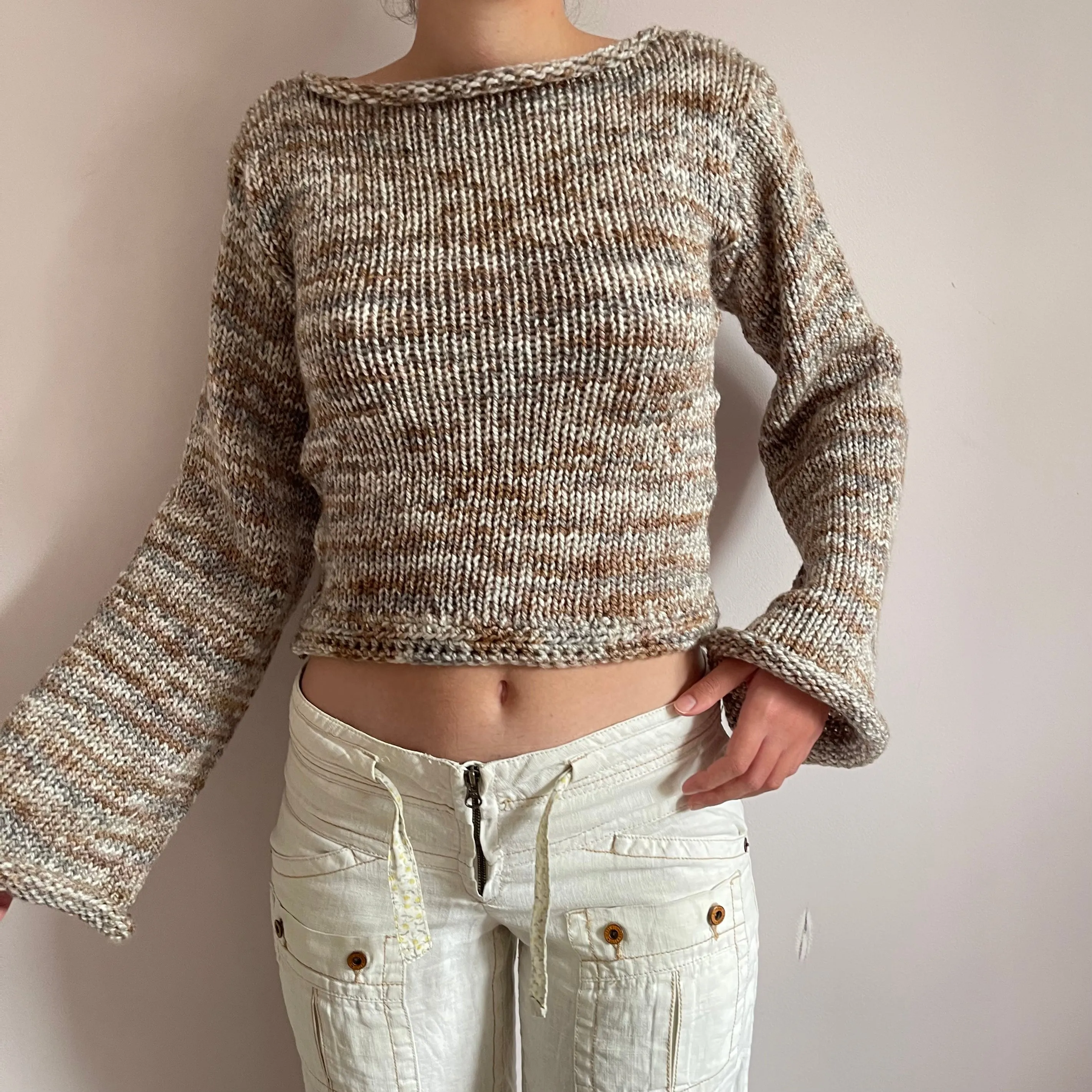 Handmade multicoloured beige, cream and brown knitted sweater