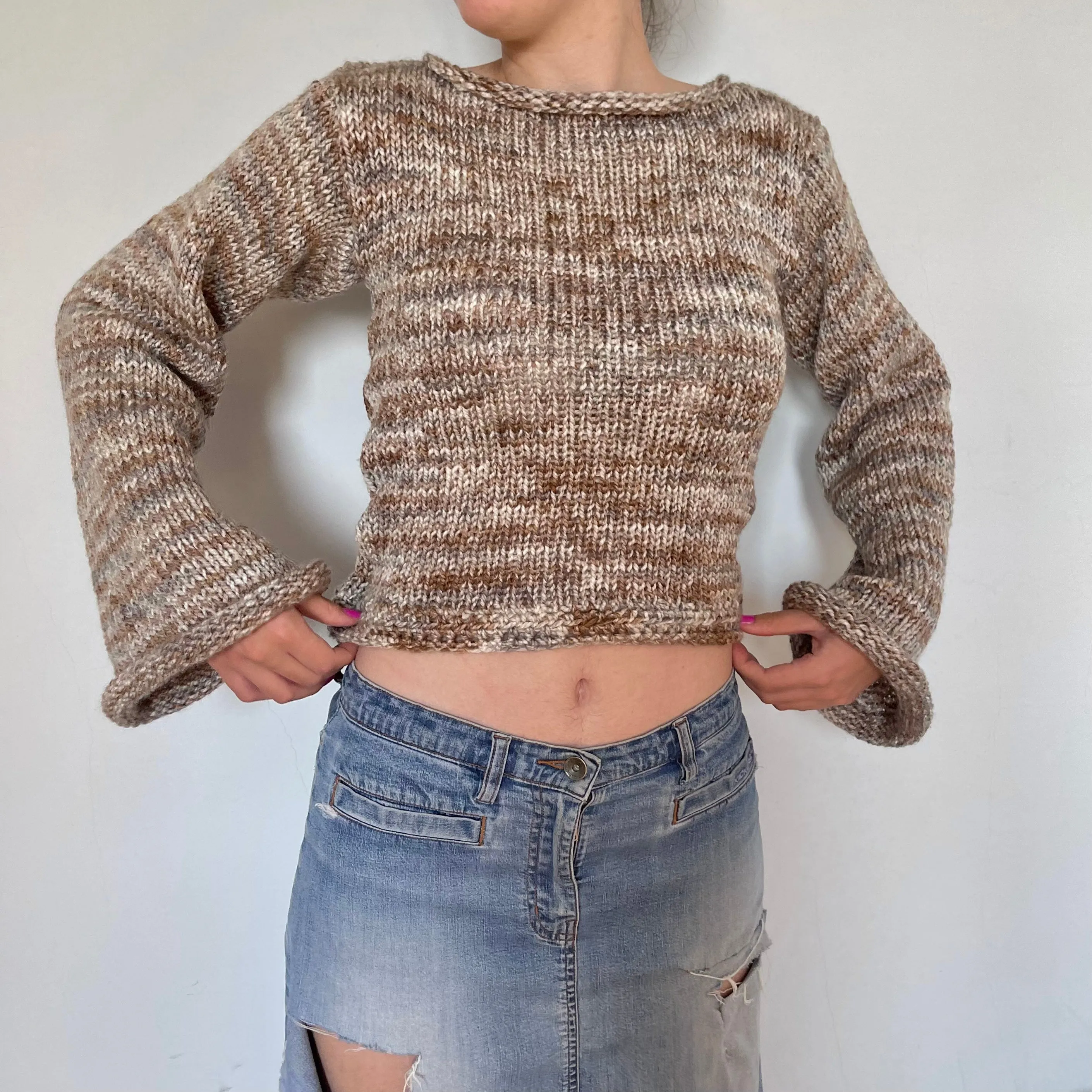 Handmade multicoloured beige, cream and brown knitted sweater