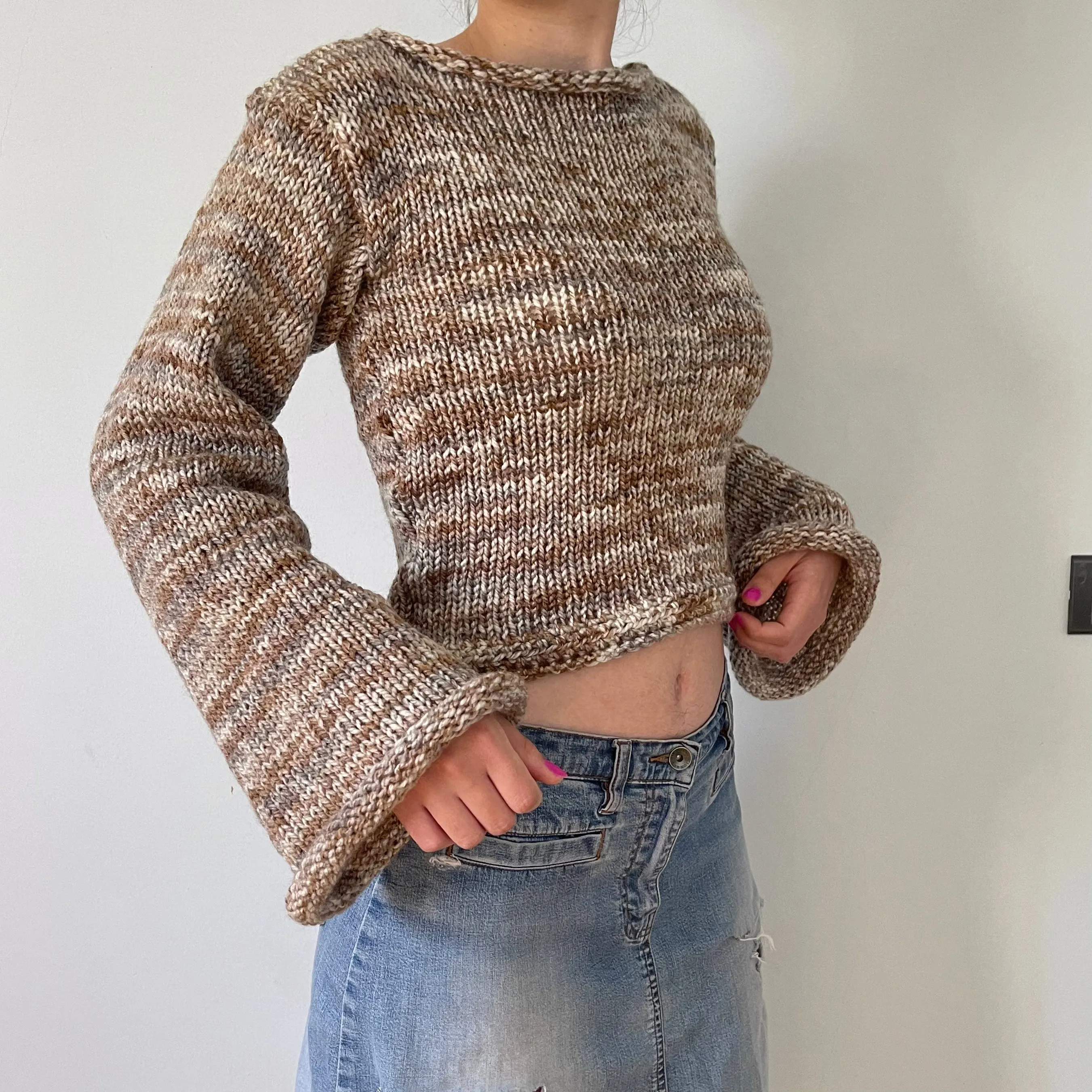 Handmade multicoloured beige, cream and brown knitted sweater