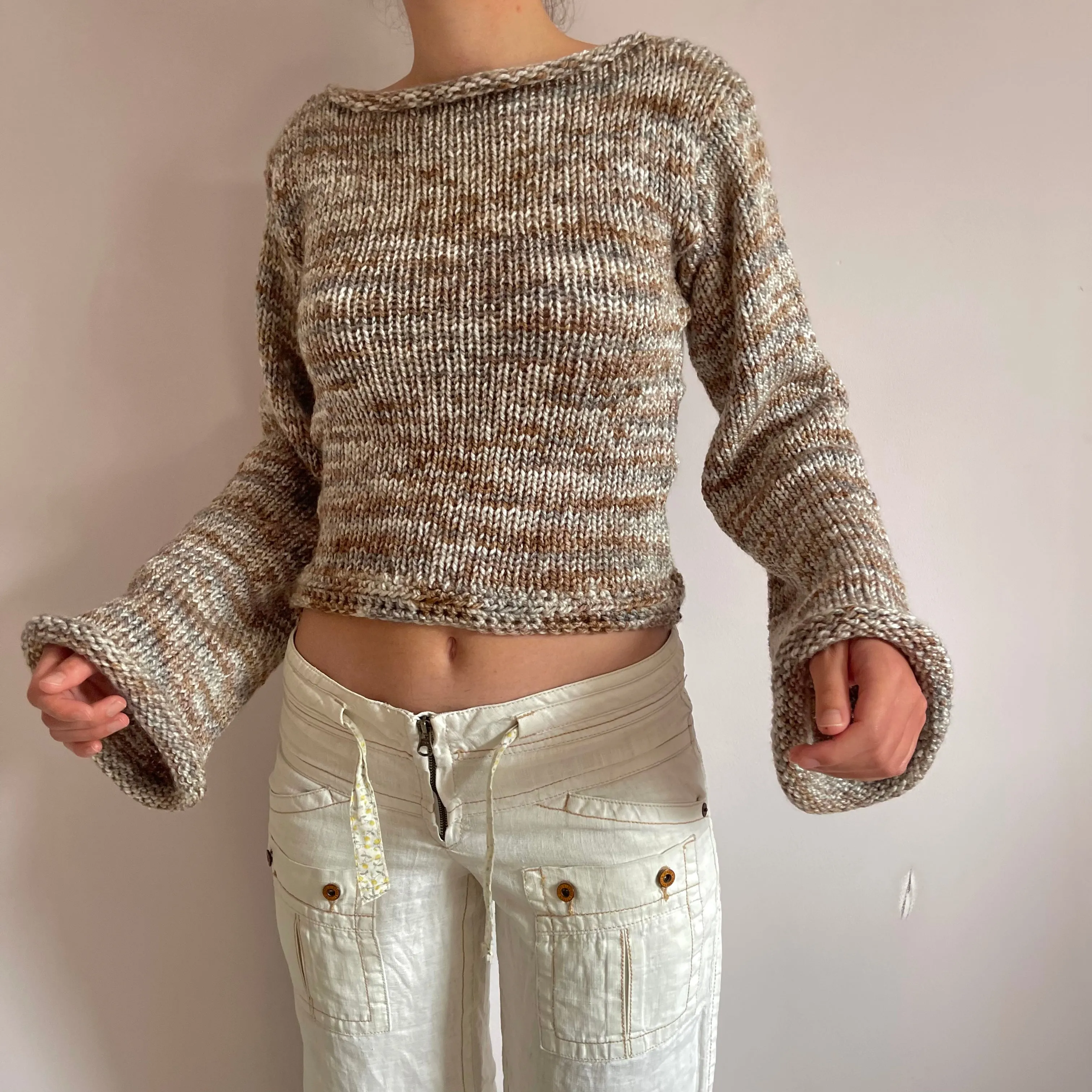 Handmade multicoloured beige, cream and brown knitted sweater