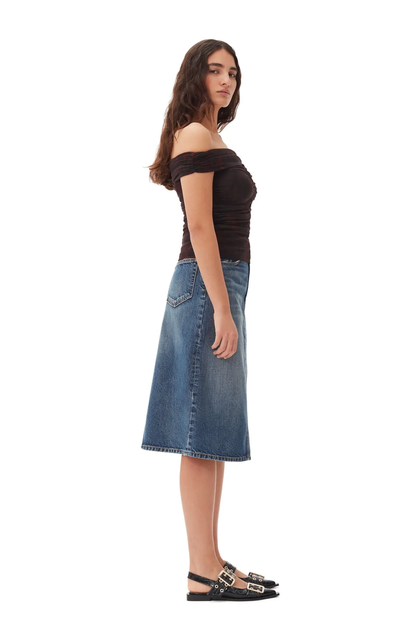 Heavy Washed Denim Midi Skirt | Dark Blue