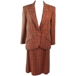 HERMES 2 pc Brown Plaid Wool Skirt Suit Size 46