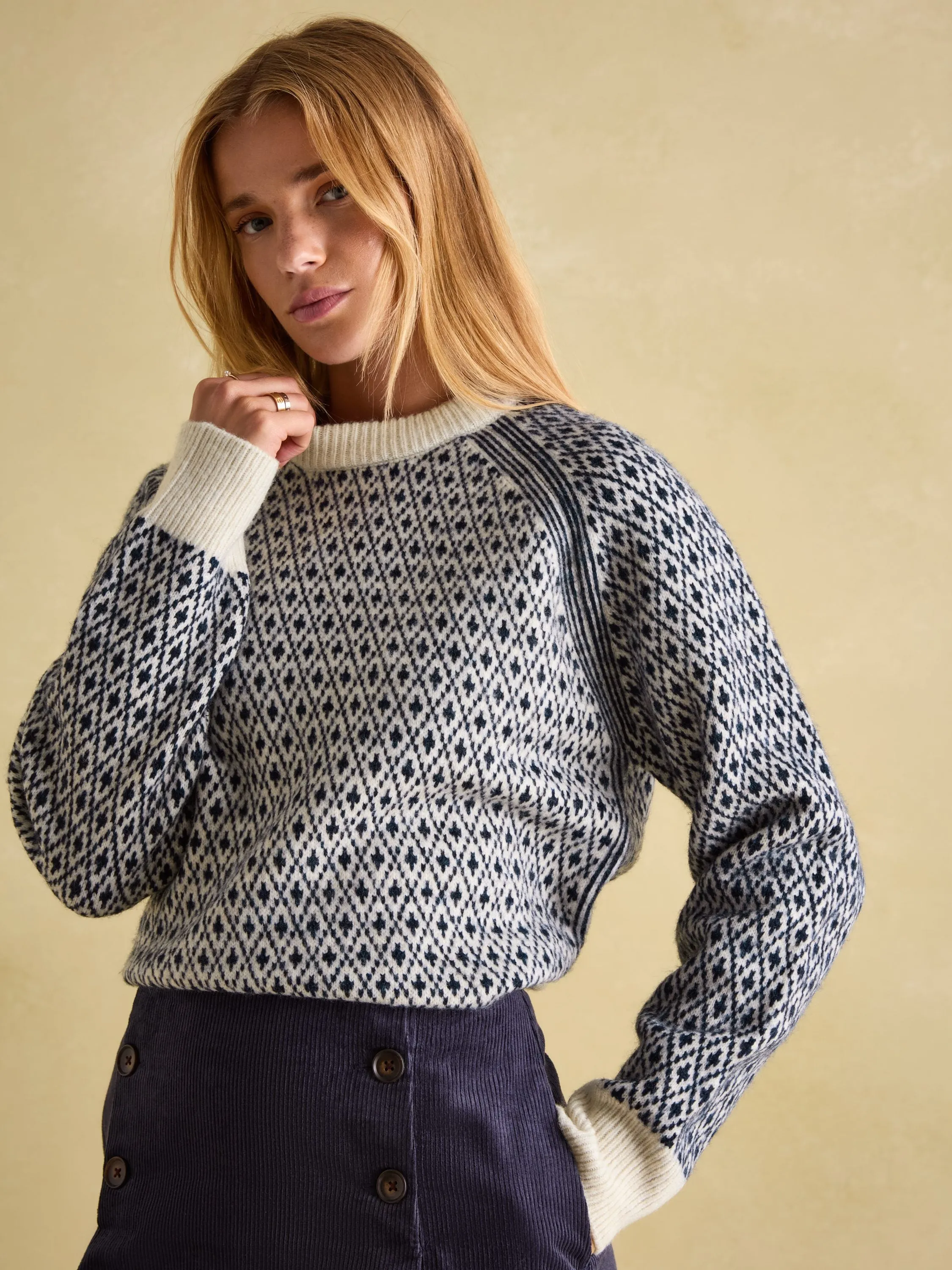 Ingrid Cream/Navy Patterned Jumper with Detachable Roll Neck