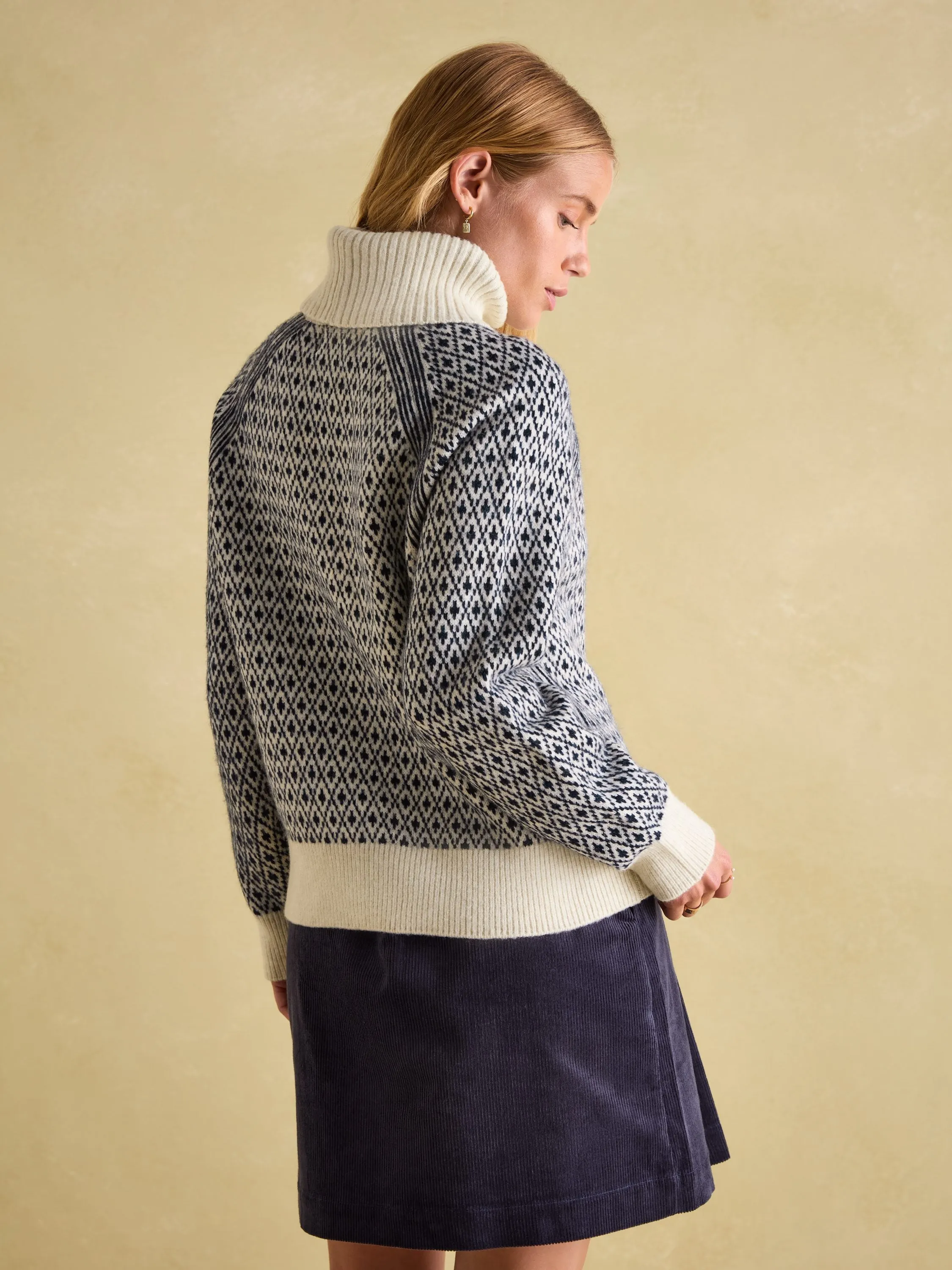 Ingrid Cream/Navy Patterned Jumper with Detachable Roll Neck