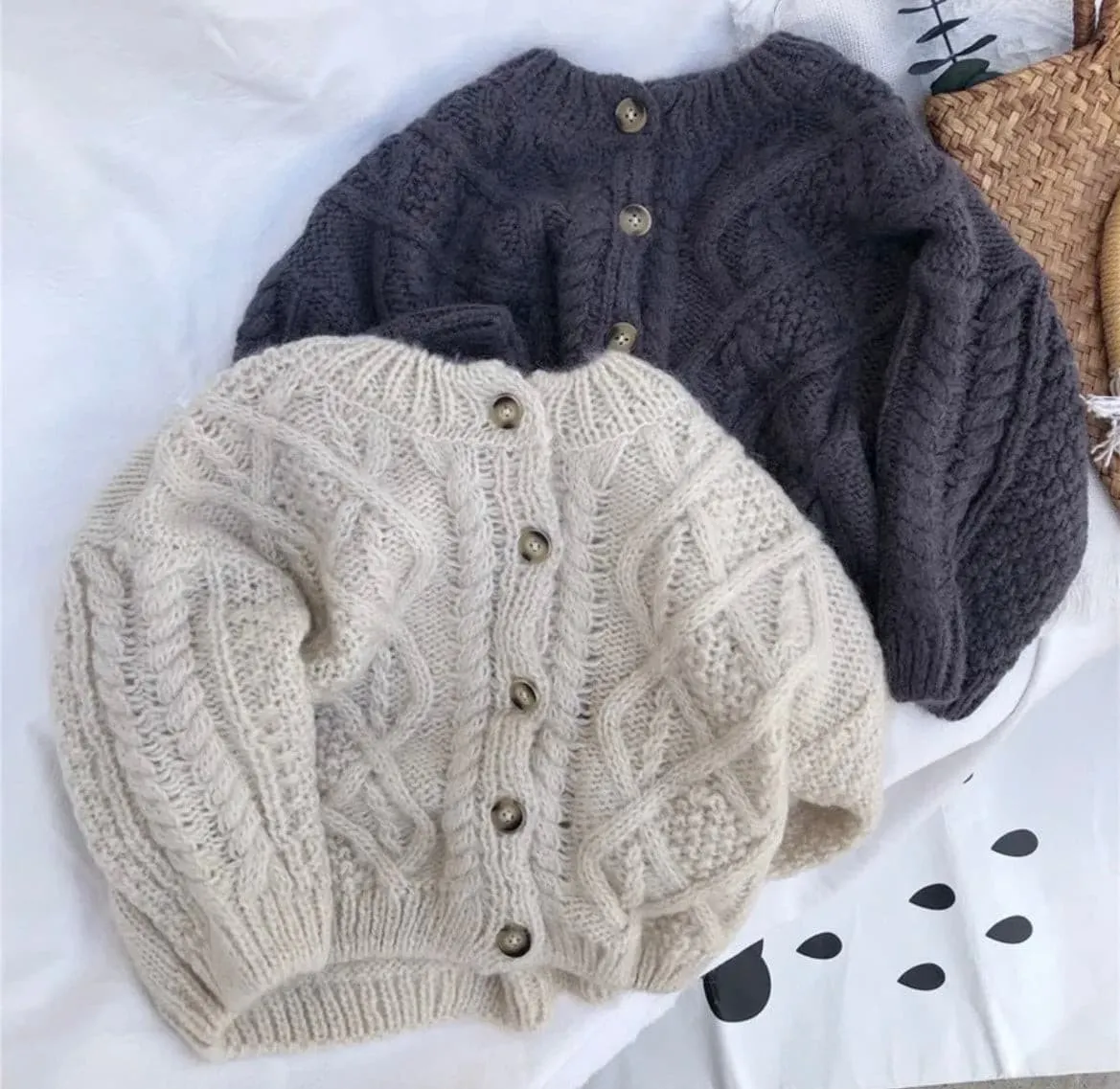 Knitted Crochet  Cardigan Jumper - Oatmeal