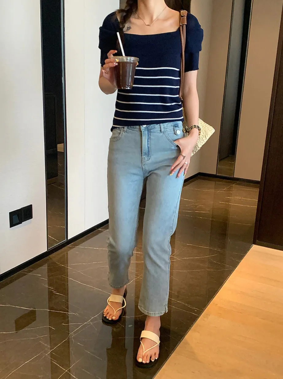 [Korean Style] High Waist Light Washed Straight Crop Jeans