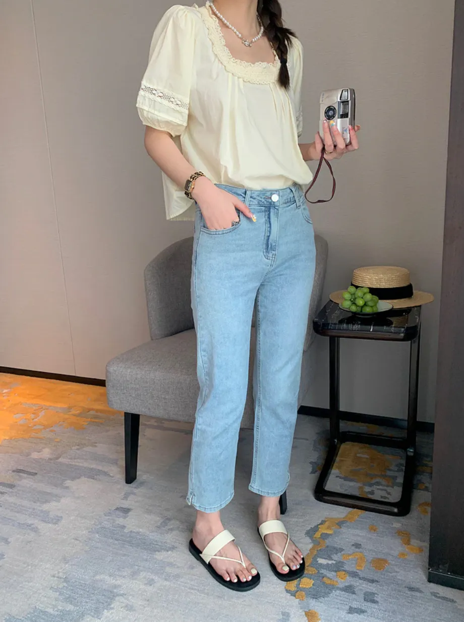 [Korean Style] High Waist Light Washed Straight Crop Jeans