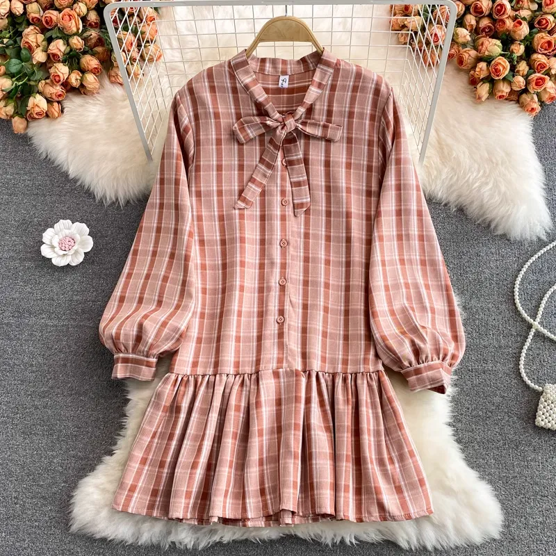 Korean Style Loose Plaid Mid Length Bowknot Dress Knitted Sweater Vest Two Pieces Set 1394