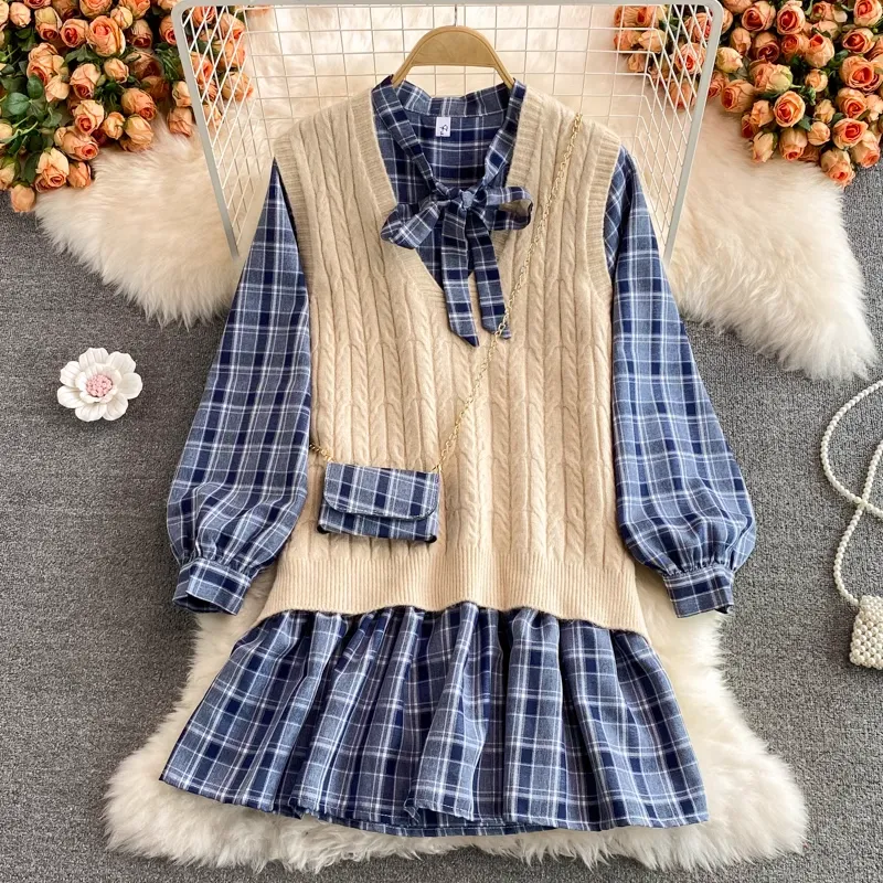 Korean Style Loose Plaid Mid Length Bowknot Dress Knitted Sweater Vest Two Pieces Set 1394